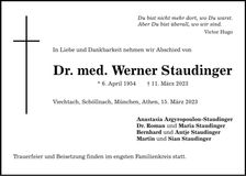 Traueranzeige Werner Staudinger