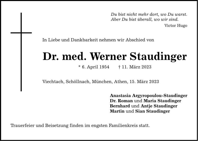 Traueranzeige Werner Staudinger