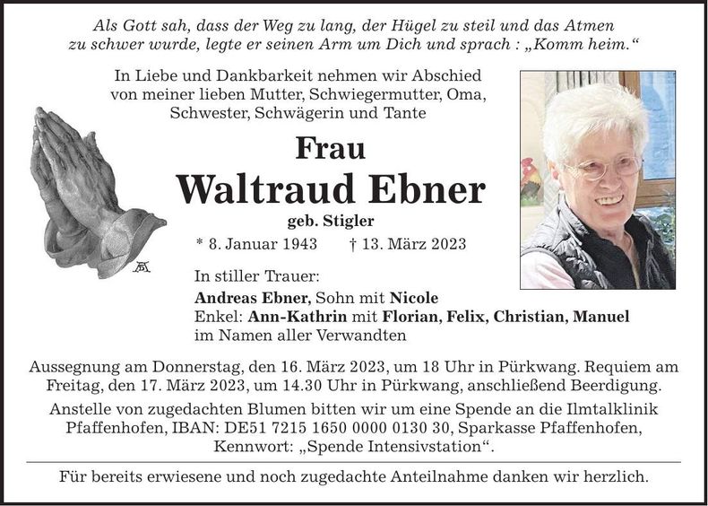 Traueranzeige Waltraud Ebner