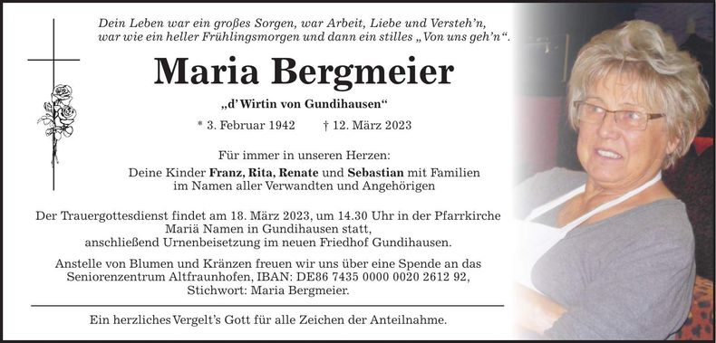 Traueranzeige Maria Bergmeier
