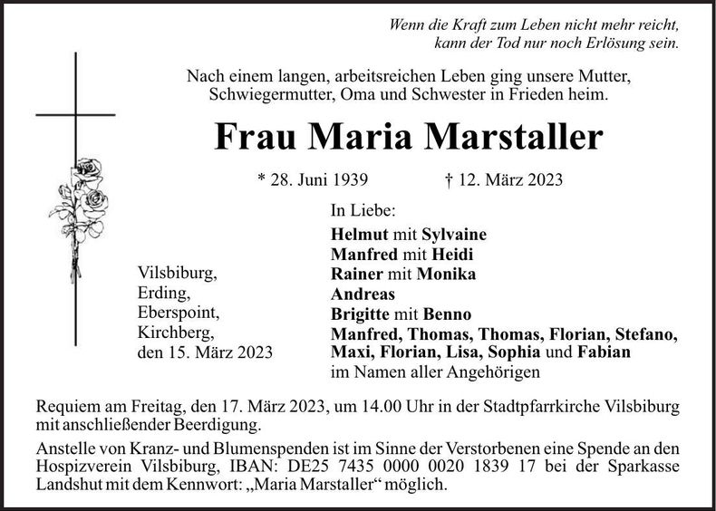 Traueranzeige Maria Marstaller