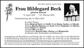 Traueranzeige Hildegard Beck