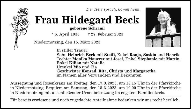 Traueranzeige Hildegard Beck