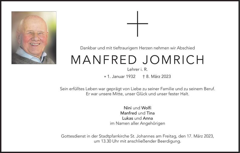 Traueranzeige Manfred Jomrich