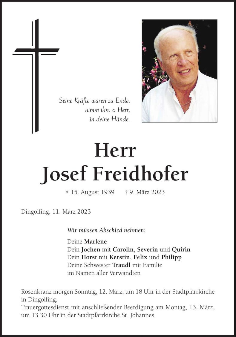 Traueranzeige Josef Freidhofer