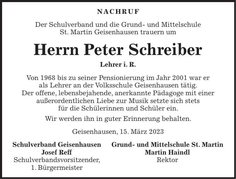 Traueranzeige Peter Schreiber