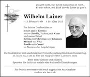 Traueranzeige Wilhelm Lainer