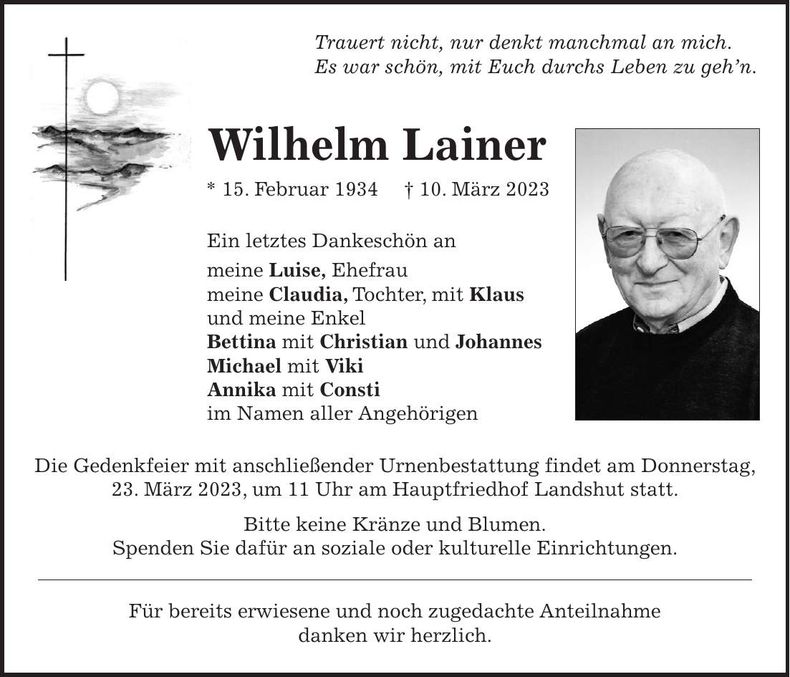 Traueranzeige Wilhelm Lainer