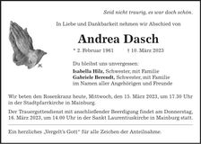Traueranzeige Andrea Dasch