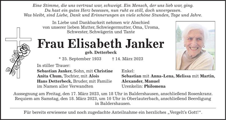 Traueranzeige Elisabeth Janker