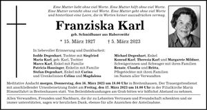 Traueranzeige Franziska Karl