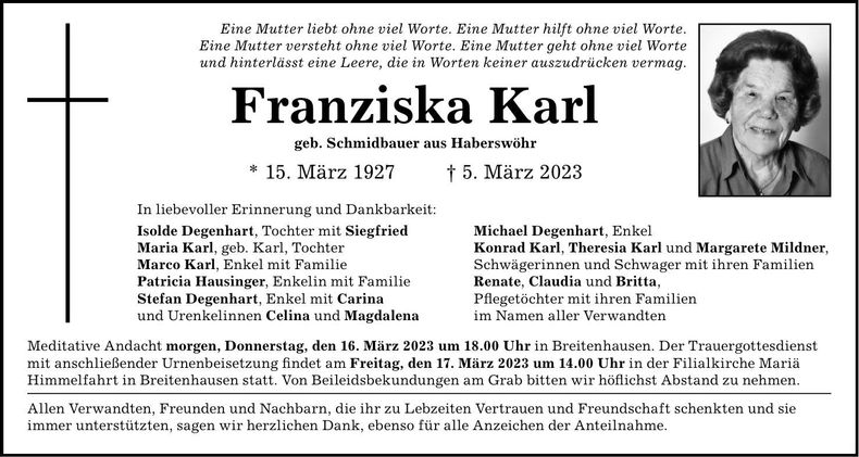 Traueranzeige Franziska Karl