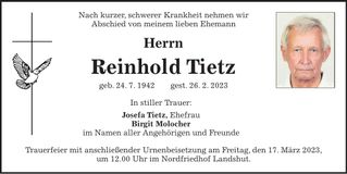 Traueranzeige Reinhold Tietz