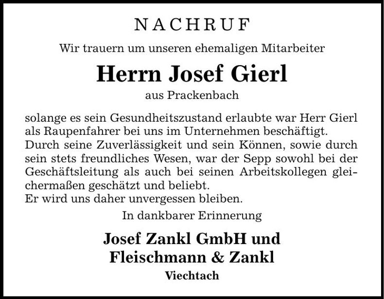 Traueranzeige Josef Gierl