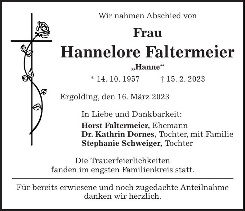 Traueranzeige Hannelore Faltermeier
