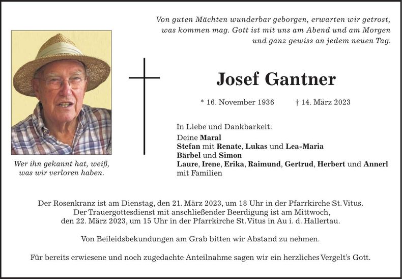 Traueranzeige Josef Gantner