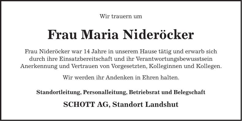 Traueranzeige Maria Nideröcker