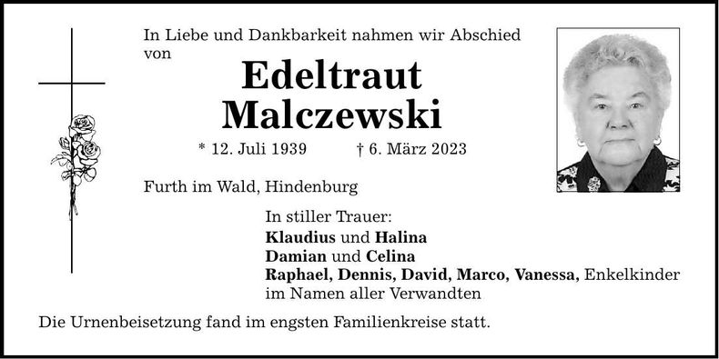 Traueranzeige Edeltraut Malczewski