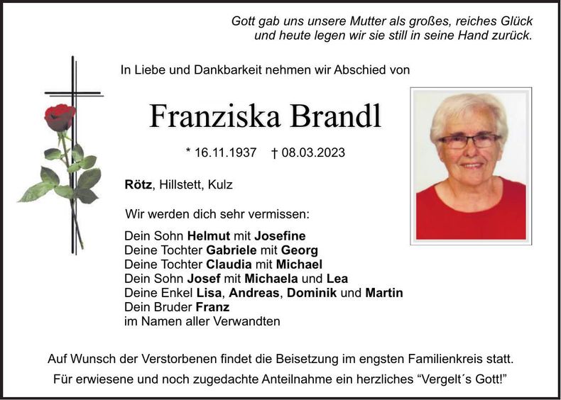 Traueranzeige Franziska Brandl