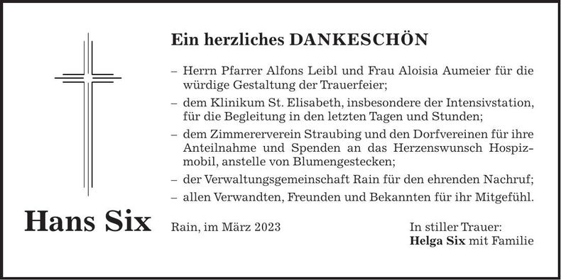 Traueranzeige Hans Six