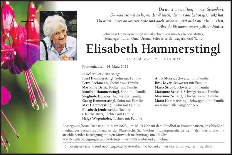 Traueranzeige Elisabeth Hammerstingl