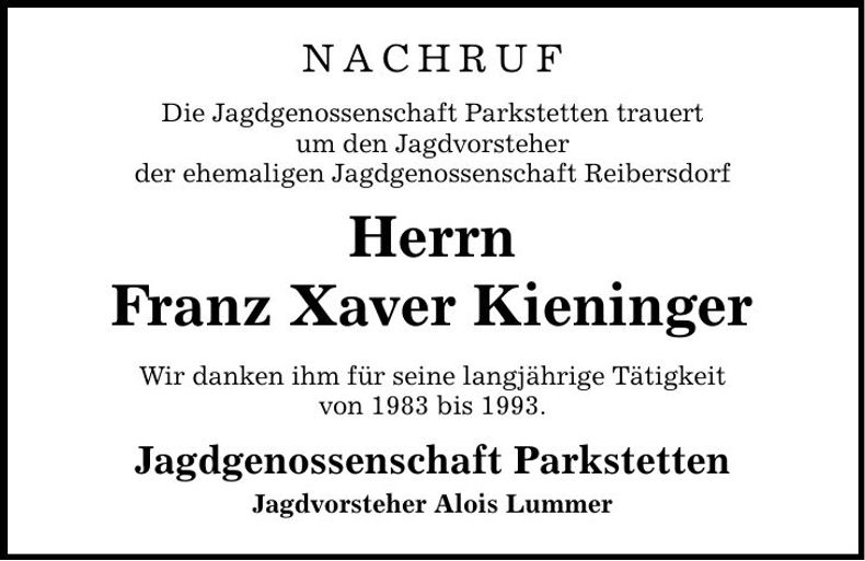 Traueranzeige Xaver Kieniger