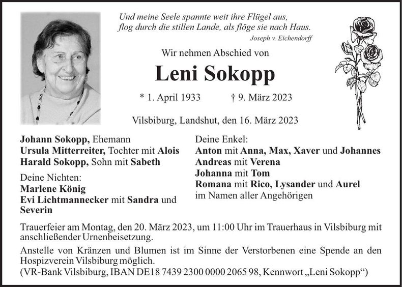 Traueranzeige Leni Sokopp