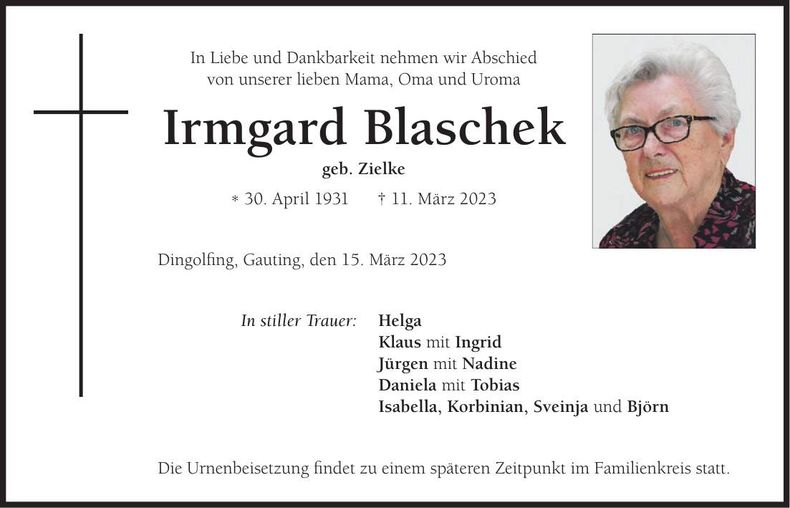 Traueranzeige Irmgard Blaschek