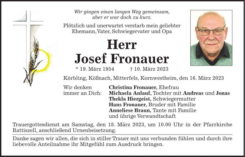 Traueranzeige Josef Fronauer