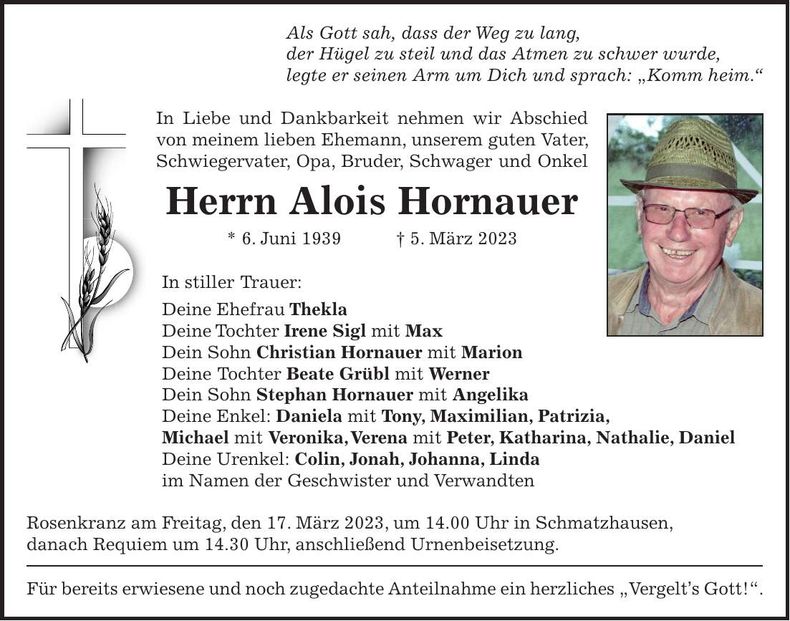 Traueranzeige Alois Hornauer