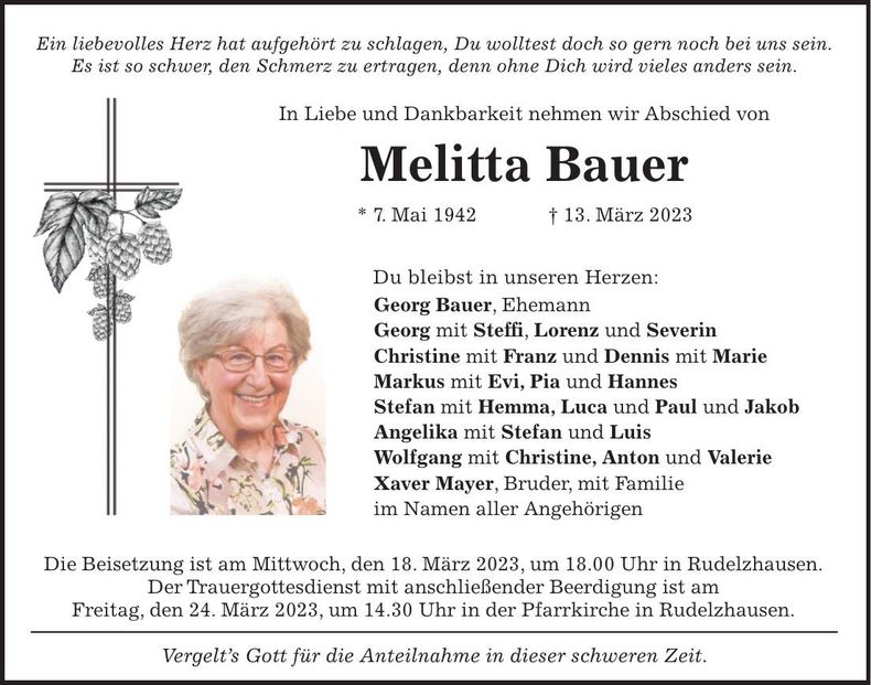 Traueranzeige Melitta Bauer