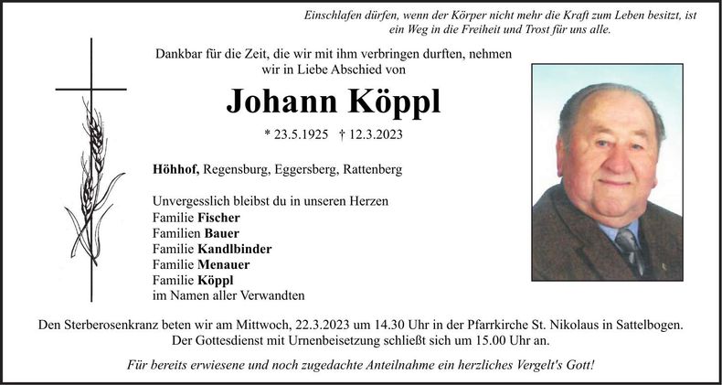 Traueranzeige Johann Köppl