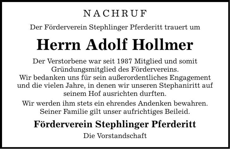Traueranzeige Adolf Hollmer