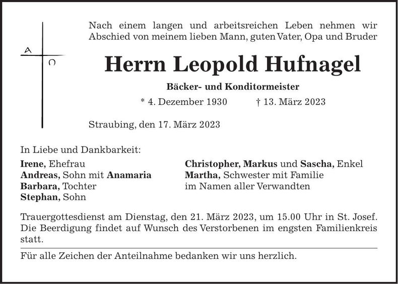 Traueranzeige Leopold Hufnagel