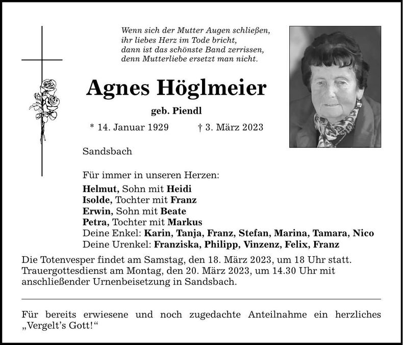 Traueranzeige Agnes Höglmeier