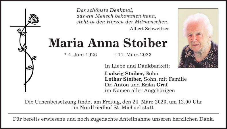 Traueranzeige Maria Anna Stoiber
