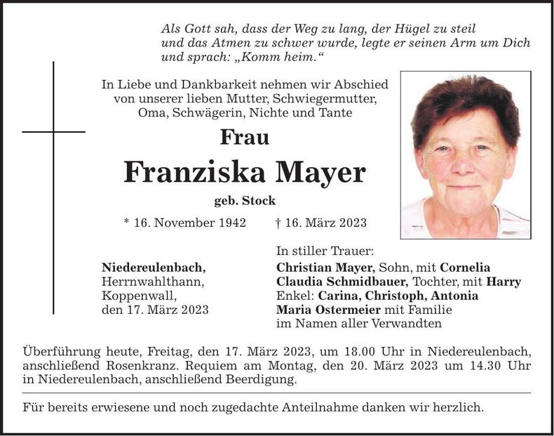 Traueranzeige Franziska Mayer