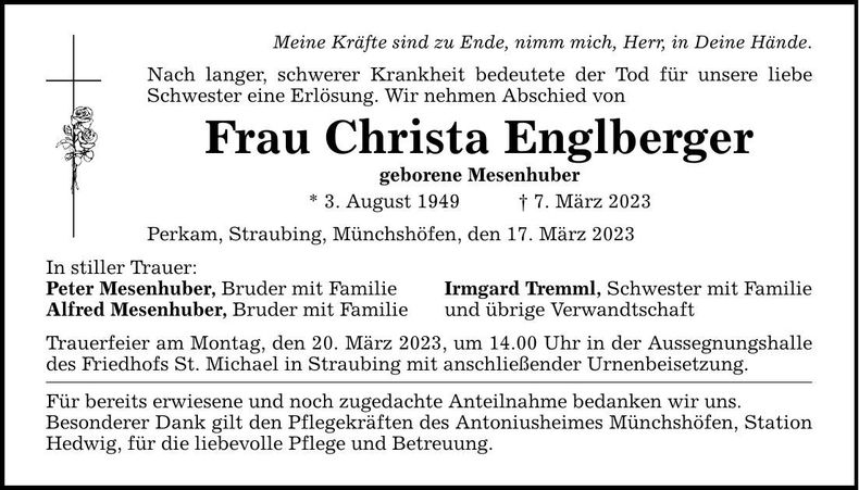 Traueranzeige Christa Englberger