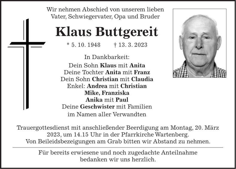 Traueranzeige Klaus Buttgereit