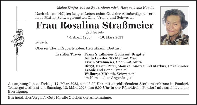 Traueranzeige Rosalina Straßmeier