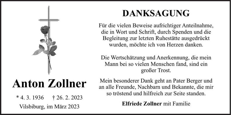 Traueranzeige Anton Zollner