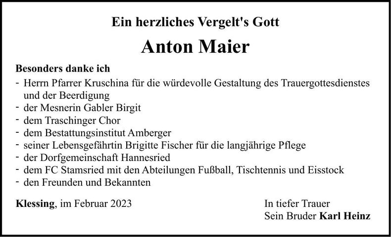 Traueranzeige Anton Maier
