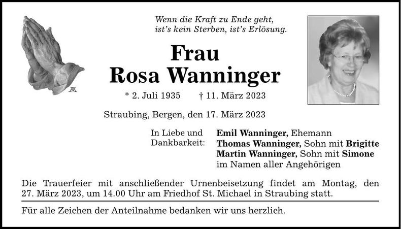 Traueranzeige Rosa Wanninger