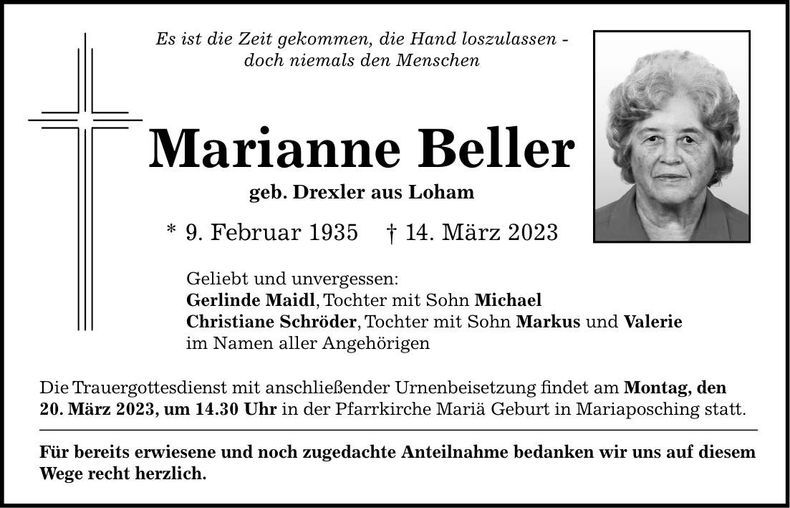 Traueranzeige Maria Beller