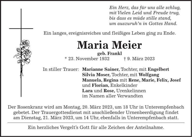 Traueranzeige Maria Meier