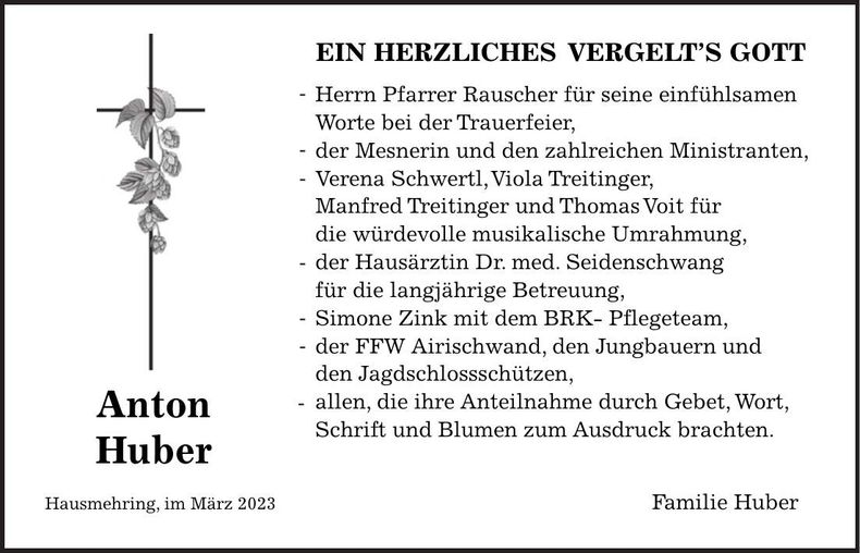 Traueranzeige Anton Huber
