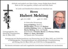 Traueranzeige Hubert Mehling