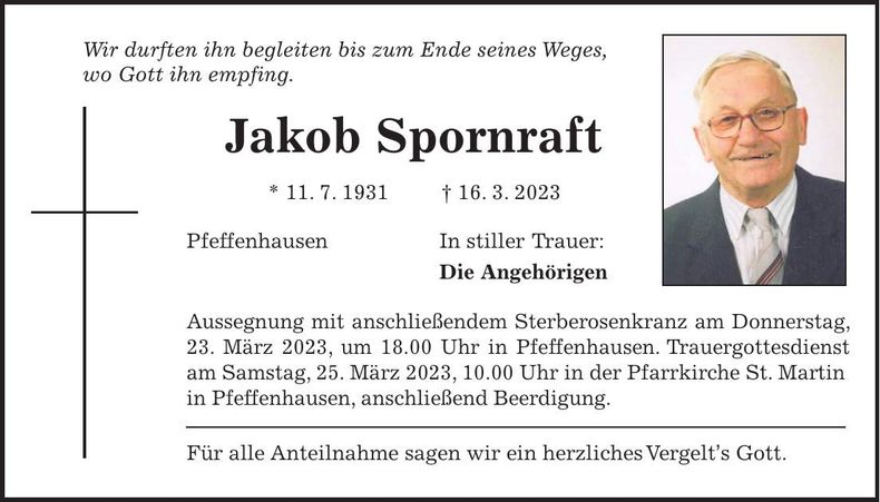 Traueranzeige Jakob Spornraft