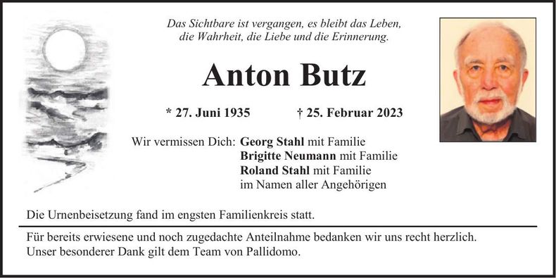 Traueranzeige Anton Butz