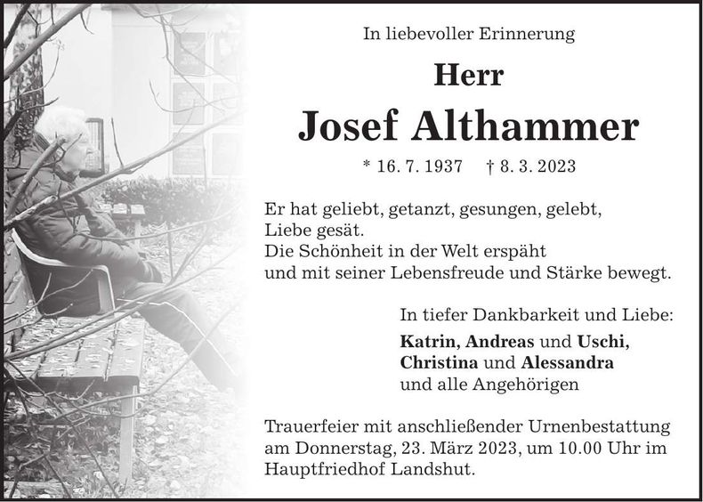 Traueranzeige Josef Althammer